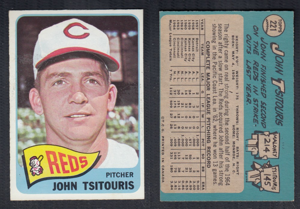 1965 O-PEE-CHEE BASEBALL CARD #221 J. TSITOURIS photo 1965 O-PEE-CHEE BASEBALL CARD #221 J. TSITOURIS photo