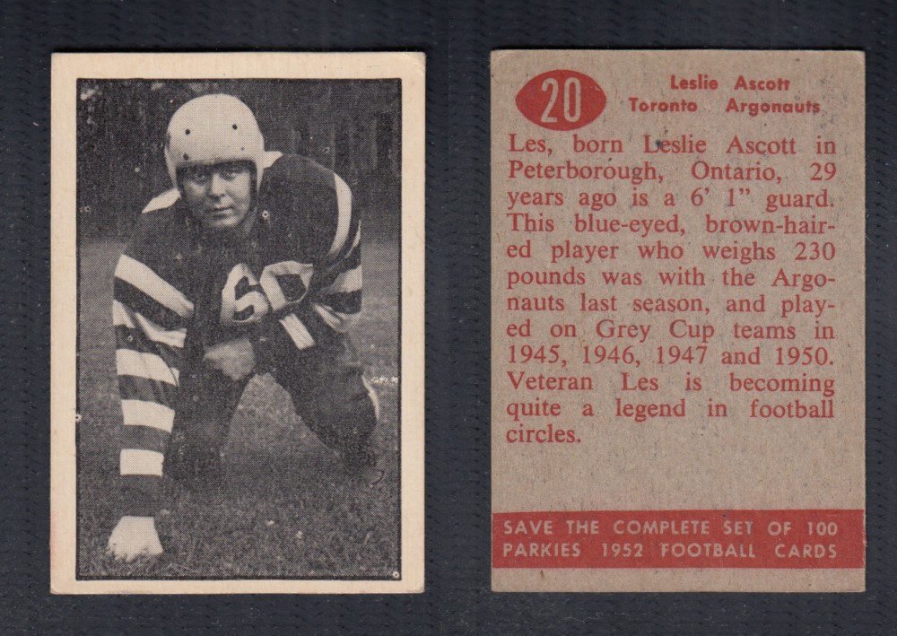 1952 CFL PARKHURST FOOTBALL CARD #20 L. ASCOTT photo 1952 CFL PARKHURST FOOTBALL CARD #20 L. ASCOTT photo
