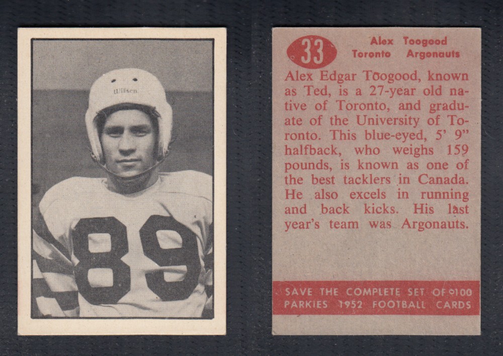 1952 CFL PARKHURST FOOTBALL CARD #33 A. TOOGOOD photo 1952 CFL PARKHURST FOOTBALL CARD #33 A. TOOGOOD photo