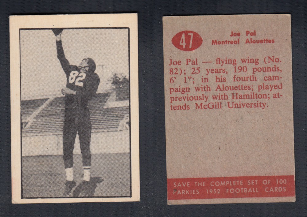 1952 CFL PARKHURST FOOTBALL CARD #47 J. PAL photo 1952 CFL PARKHURST FOOTBALL CARD #47 J. PAL photo
