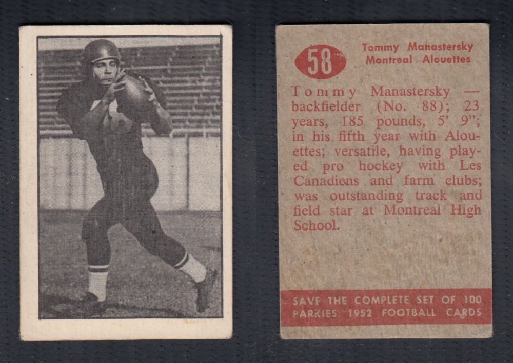 1952 CFL PARKHURST FOOTBALL CARD #58 T. MANASTERSKY photo 1952 CFL PARKHURST FOOTBALL CARD #58 T. MANASTERSKY photo