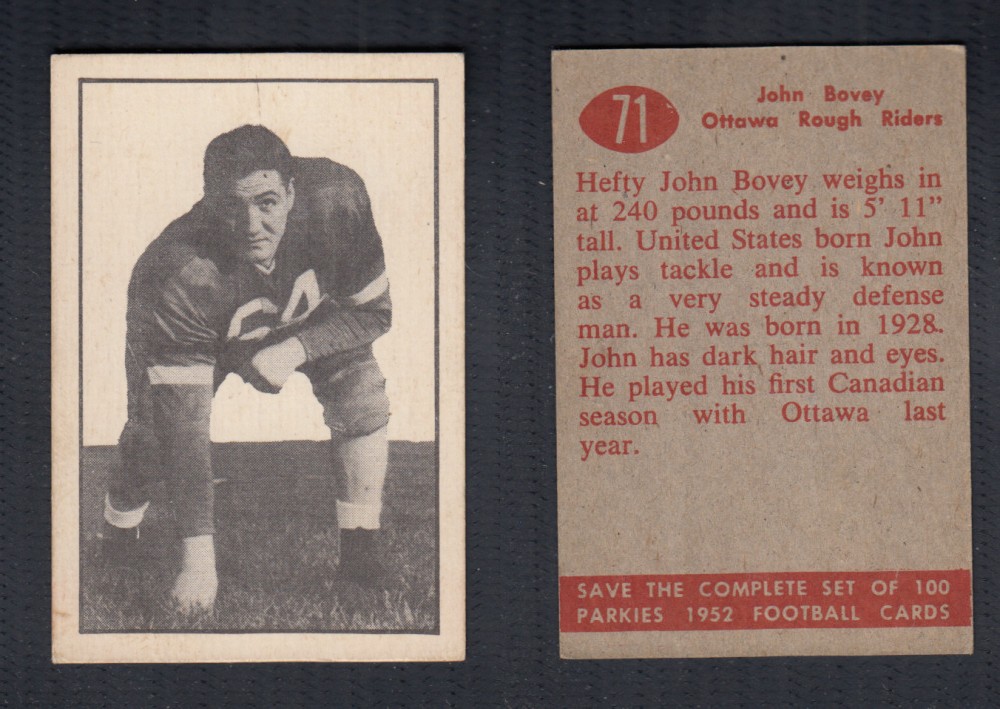 1952 CFL PARKHURST FOOTBALL CARD #71 J. BOVEY photo 1952 CFL PARKHURST FOOTBALL CARD #71 J. BOVEY photo