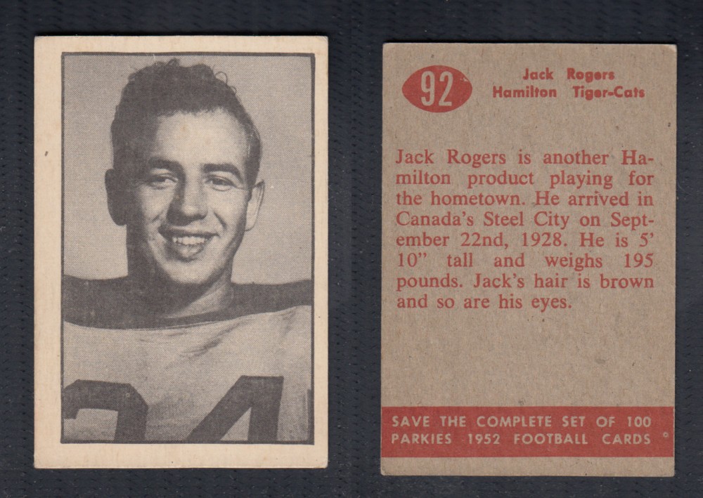 1952 CFL PARKHURST FOOTBALL CARD #92 J. ROGERS photo 1952 CFL PARKHURST FOOTBALL CARD #92 J. ROGERS photo