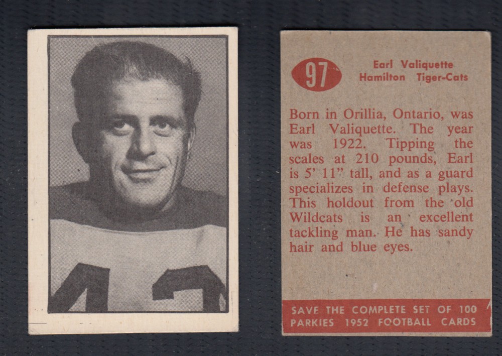 1952 CFL PARKHURST FOOTBALL CARD #97 E. VALIQUETTE photo
