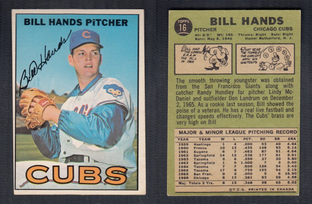 1967 O-PEE-CHEE BASEBALL CARD #16 B. HANDS photo