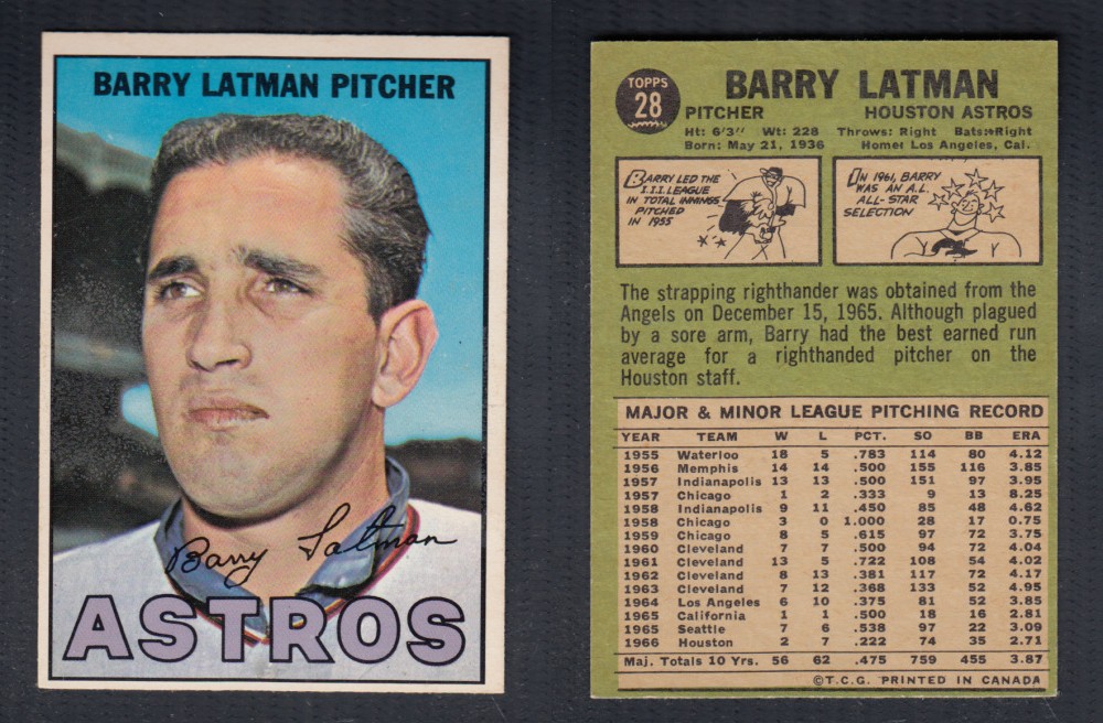 1967 O-PEE-CHEE BASEBALL CARD #28 B. LATMAN photo