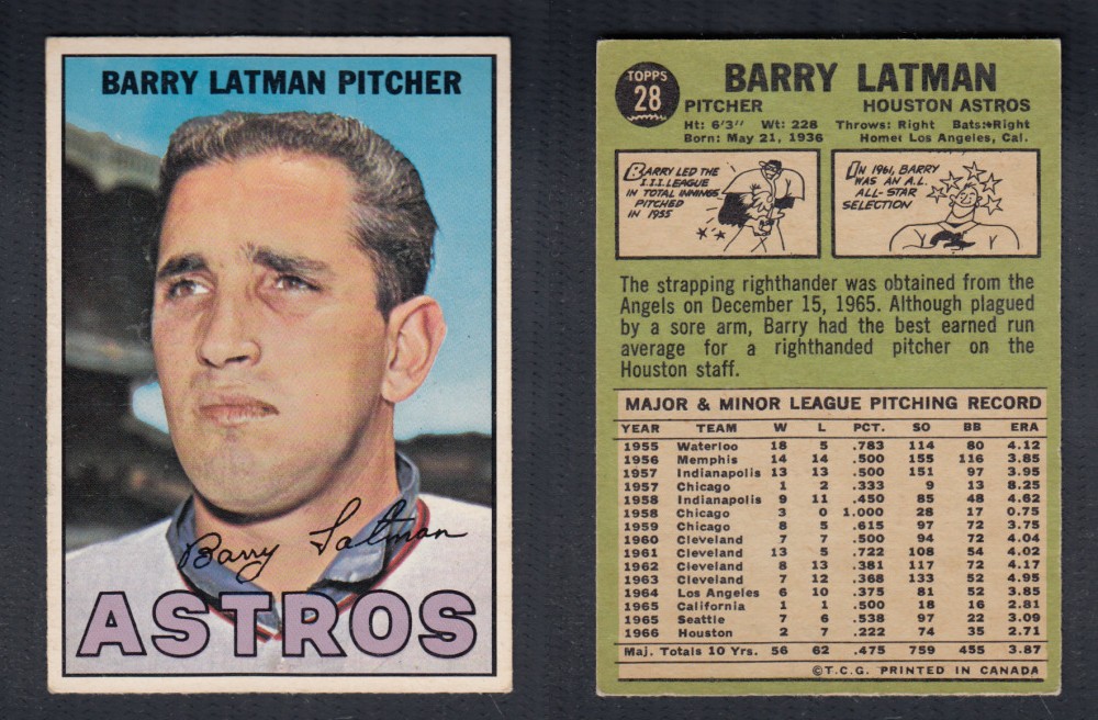 1967 O-PEE-CHEE BASEBALL CARD #28 B. LATMAN photo