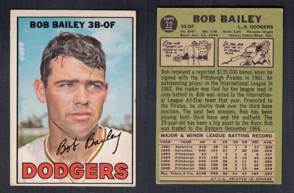 1967 O-PEE-CHEE BASEBALL CARD #32 B. BAILEY photo
