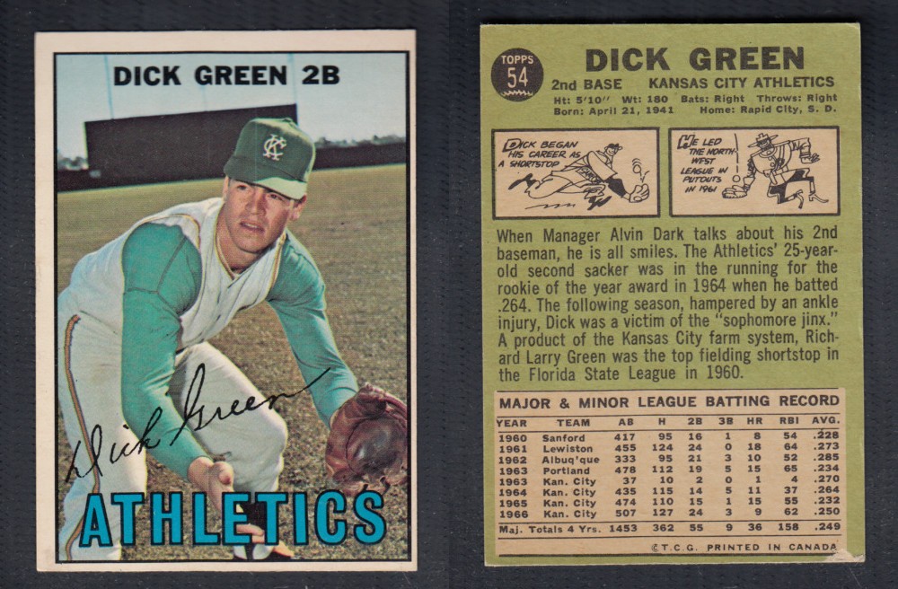 1967 O-PEE-CHEE BASEBALL CARD #54 D. GREEN photo