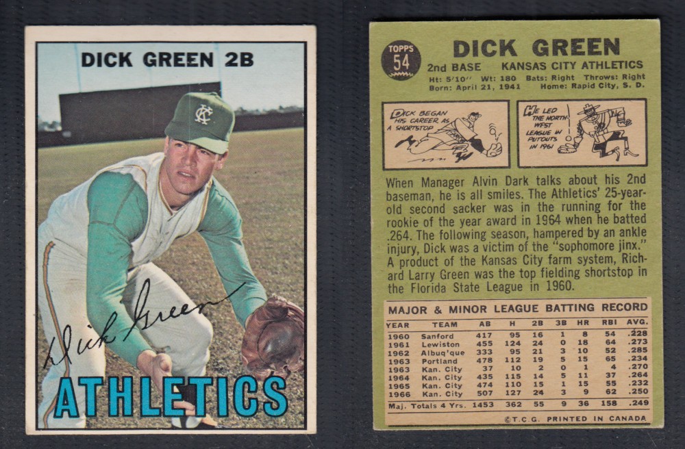 1967 O-PEE-CHEE BASEBALL CARD #54 D. GREEN photo