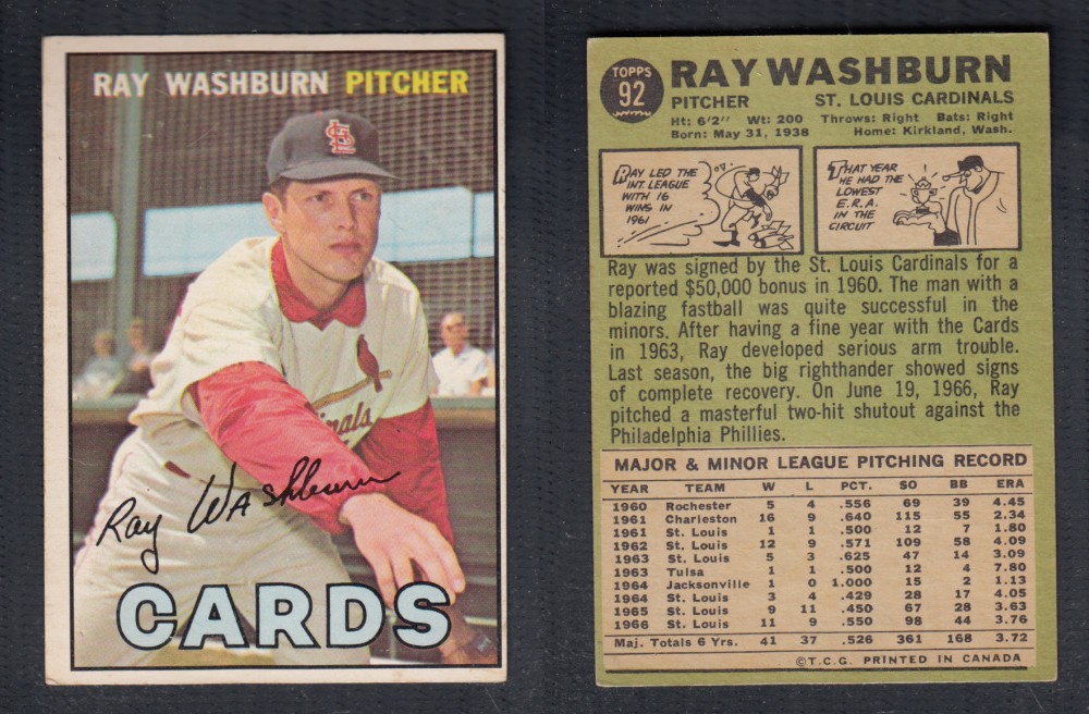1967 O-PEE-CHEE BASEBALL CARD #92 R. WASHBURN photo
