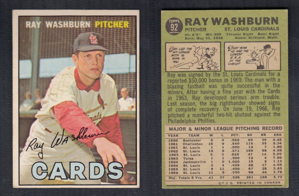 1967 O-PEE-CHEE BASEBALL CARD #92 R. WASHBURN photo 1967 O-PEE-CHEE BASEBALL CARD #92 R. WASHBURN photo