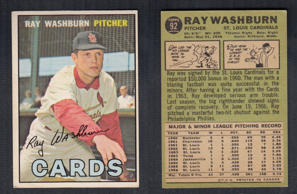 1967 O-PEE-CHEE BASEBALL CARD #92 R. WASHBURN photo