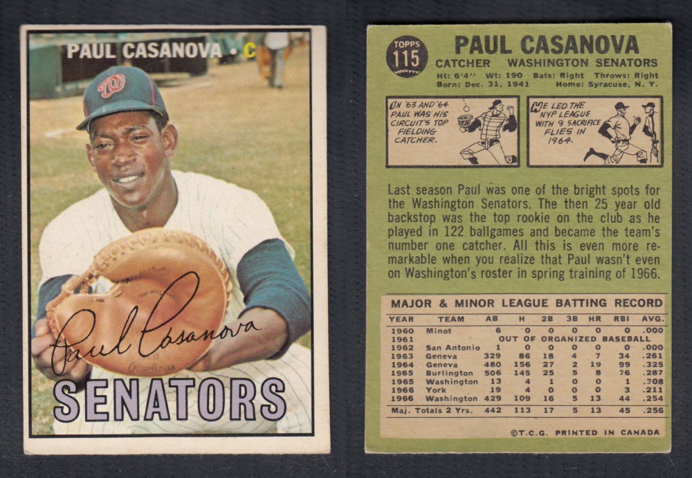 1967 O-PEE-CHEE BASEBALL CARD #115 P. CASANOVA photo 1967 O-PEE-CHEE BASEBALL CARD #115 P. CASANOVA photo