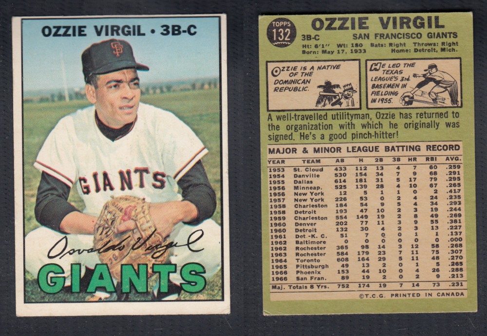 1967 O-PEE-CHEE BASEBALL CARD #132 O. VIRGIL photo 1967 O-PEE-CHEE BASEBALL CARD #132 O. VIRGIL photo