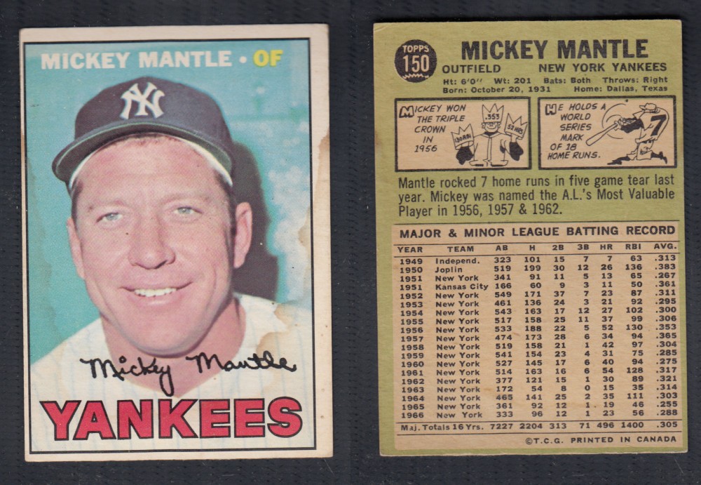 1967 O-PEE-CHEE BASEBALL CARD #150 M. MANTLE photo 1967 O-PEE-CHEE BASEBALL CARD #150 M. MANTLE photo