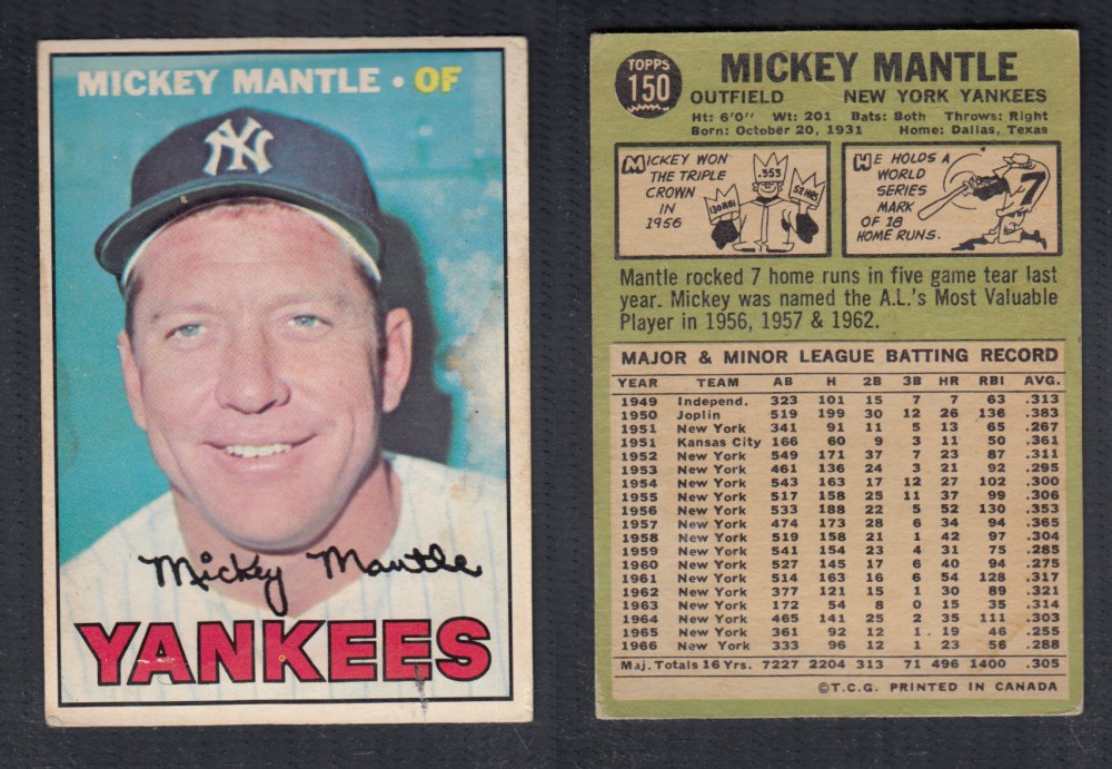 1967 O-PEE-CHEE BASEBALL CARD #150 M. MANTLE photo 1967 O-PEE-CHEE BASEBALL CARD #150 M. MANTLE photo
