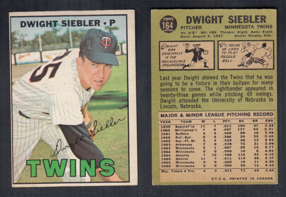 1967 O-PEE-CHEE BASEBALL CARD #164 D. SIEBLER photo 1967 O-PEE-CHEE BASEBALL CARD #164 D. SIEBLER photo