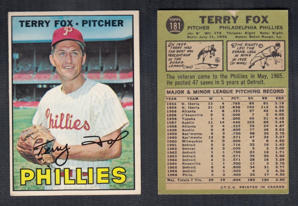 1967 O-PEE-CHEE BASEBALL CARD #181 T. FOX photo