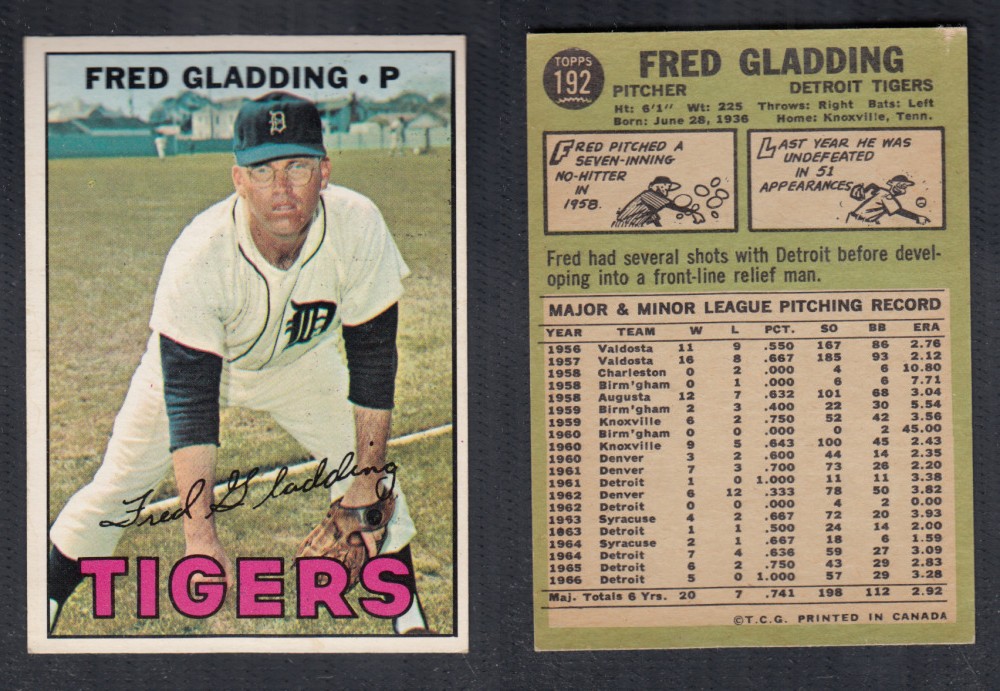 1967 O-PEE-CHEE BASEBALL CARD #192 F. GLADDING photo