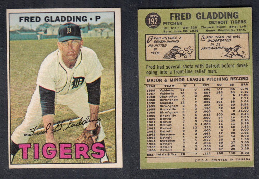 1967 O-PEE-CHEE BASEBALL CARD #192 F. GLADDING photo 1967 O-PEE-CHEE BASEBALL CARD #192 F. GLADDING photo