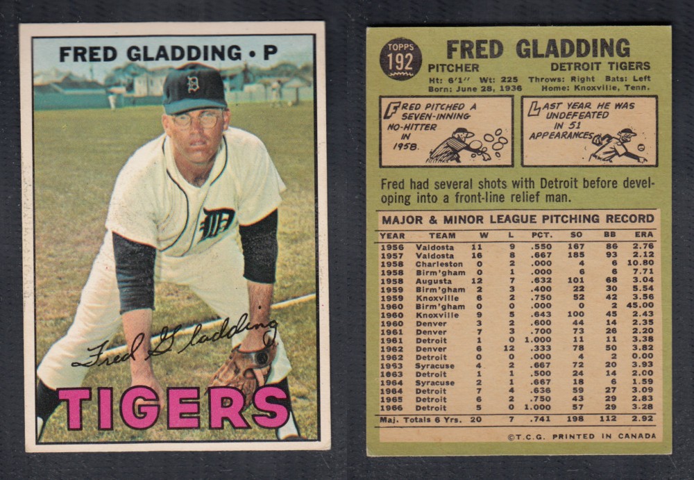 1967 O-PEE-CHEE BASEBALL CARD #192 F. GLADDING photo 1967 O-PEE-CHEE BASEBALL CARD #192 F. GLADDING photo