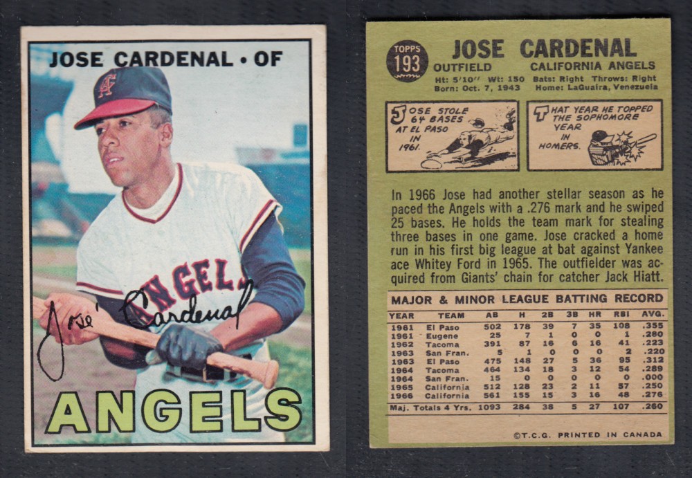 1967 O-PEE-CHEE BASEBALL CARD #193 J. CARDENAL photo