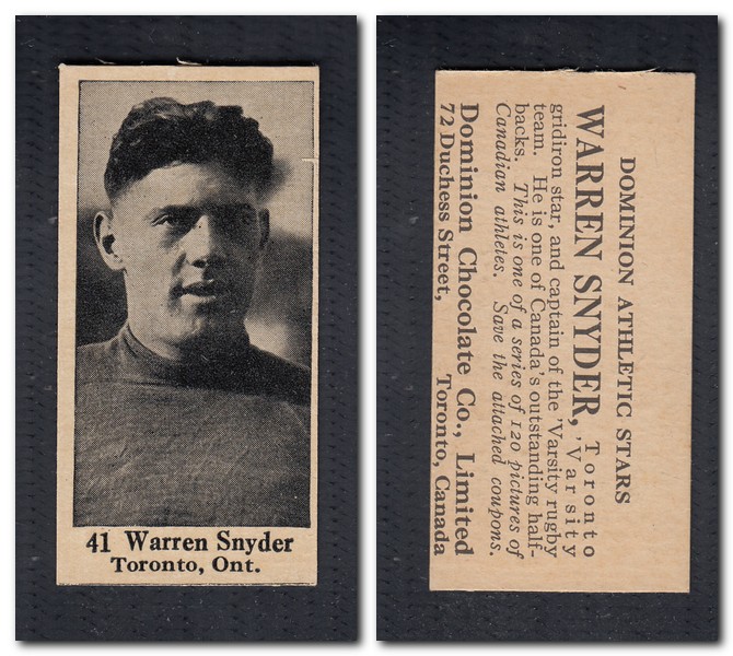 1925 V31 DOMINION CHOCOLATE #41 W. SNYDER FOOTBALL CARD photo