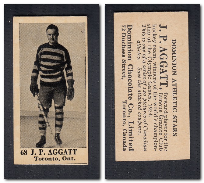 1925 V31 DOMINION CHOCOLATE #68 J. P. AGGATT HOCKEY CARD photo