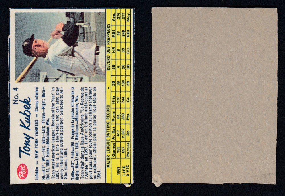 1962 POST CANADIAN BASEBALL CARD #4 T. KUBEK photo 1962 POST CANADIAN BASEBALL CARD #4 T. KUBEK photo