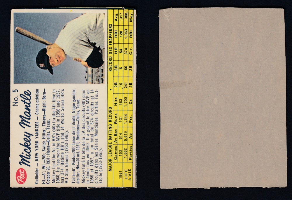 1962 POST CANADIAN BASEBALL CARD #5 M. MANTLE photo 1962 POST CANADIAN BASEBALL CARD #5 M. MANTLE photo