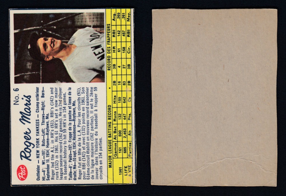 1962 POST CANADIAN BASEBALL CARD #6 R. MARIS photo 1962 POST CANADIAN BASEBALL CARD #6 R. MARIS photo