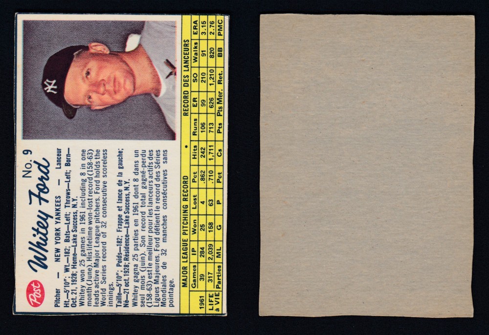 1962 POST CANADIAN BASEBALL CARD #9 W. FORD photo 1962 POST CANADIAN BASEBALL CARD #9 W. FORD photo