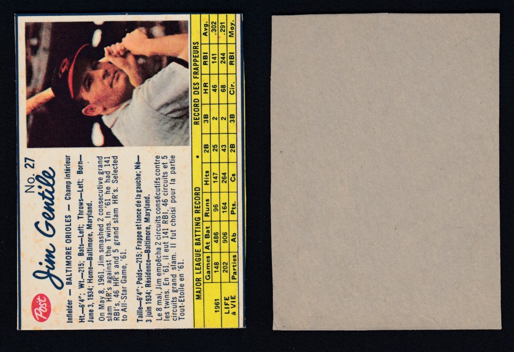 1962 POST CANADIAN BASEBALL CARD #27 J. GENTILE photo 1962 POST CANADIAN BASEBALL CARD #27 J. GENTILE photo