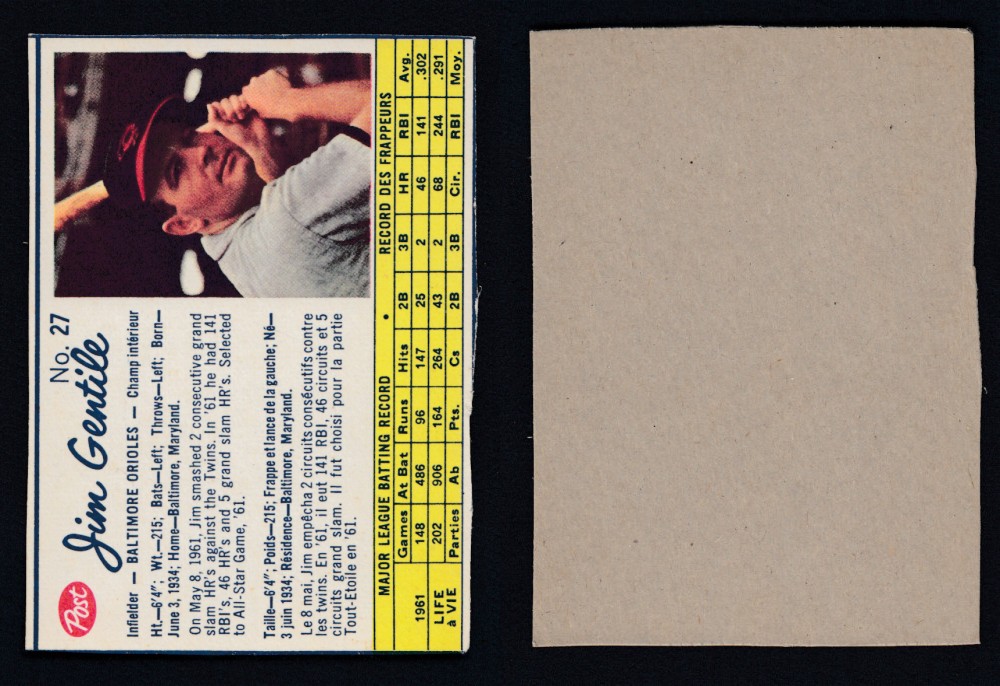 1962 POST CANADIAN BASEBALL CARD #27 J. GENTILE photo 1962 POST CANADIAN BASEBALL CARD #27 J. GENTILE photo