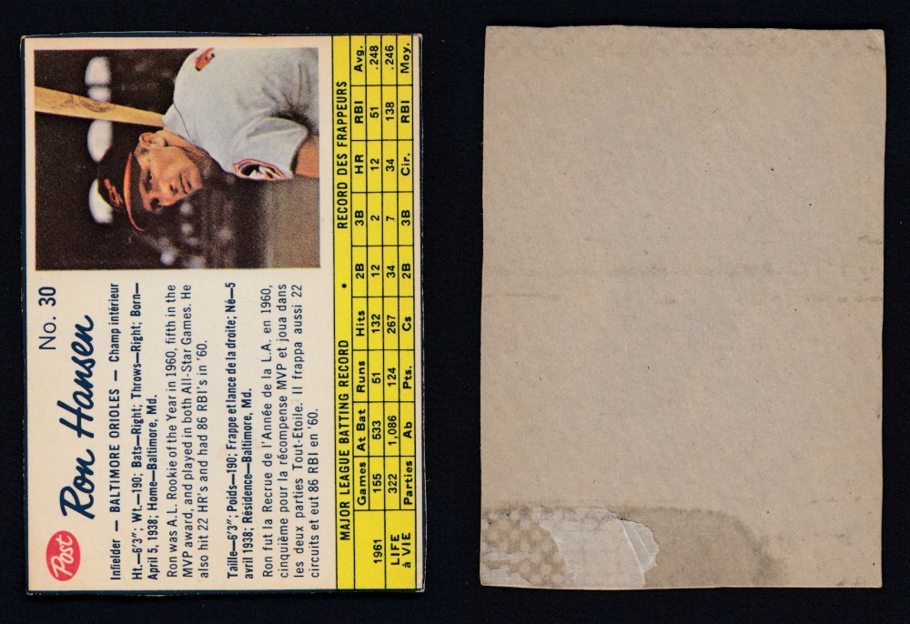 1962 POST CANADIAN BASEBALL CARD #30 R. HANSEN photo