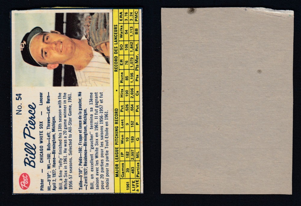 1962 POST CANADIAN BASEBALL CARD #54 B. PIERCE photo 1962 POST CANADIAN BASEBALL CARD #54 B. PIERCE photo