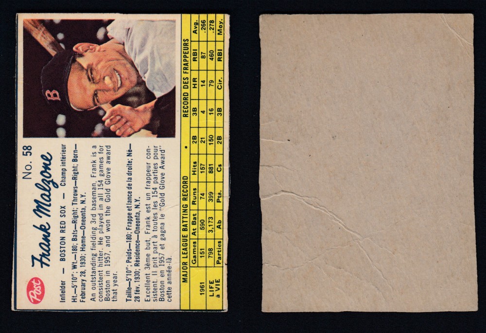 1962 POST CANADIAN BASEBALL CARD #58 F. MALZONE photo 1962 POST CANADIAN BASEBALL CARD #58 F. MALZONE photo
