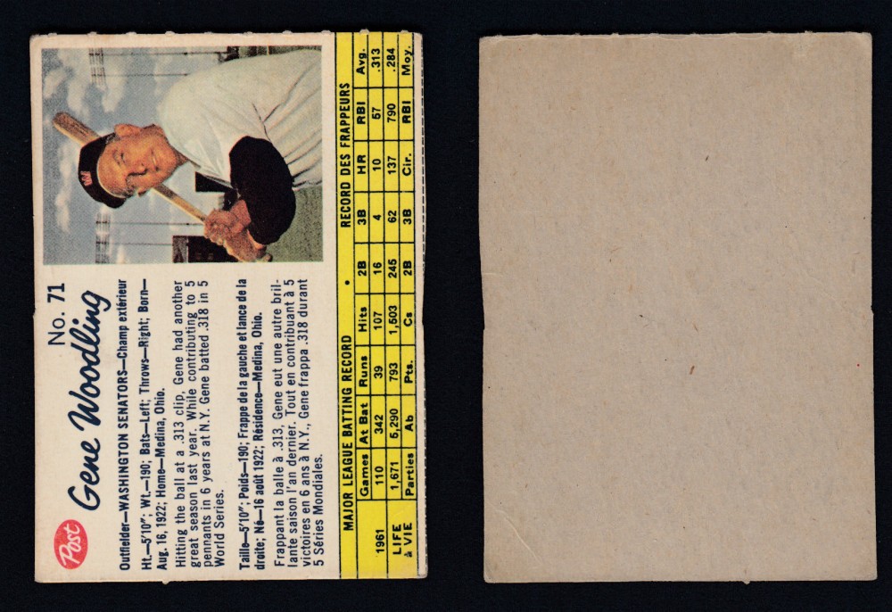 1962 POST CANADIAN BASEBALL CARD #71 G. WOODLING photo 1962 POST CANADIAN BASEBALL CARD #71 G. WOODLING photo