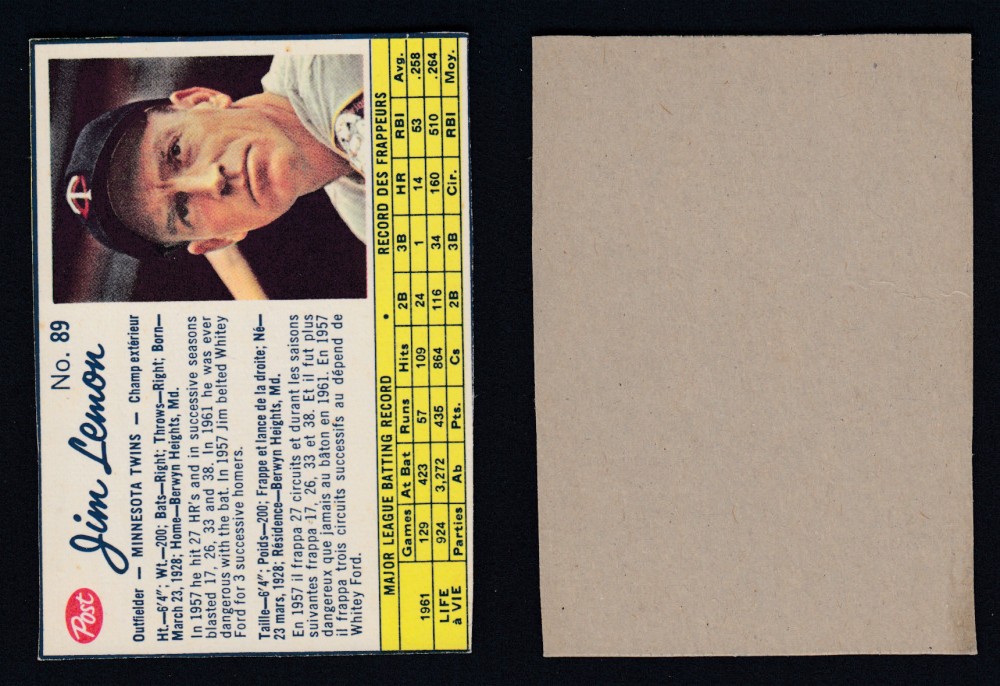 1962 POST CANADIAN BASEBALL CARD #89 J. LEMON photo 1962 POST CANADIAN BASEBALL CARD #89 J. LEMON photo