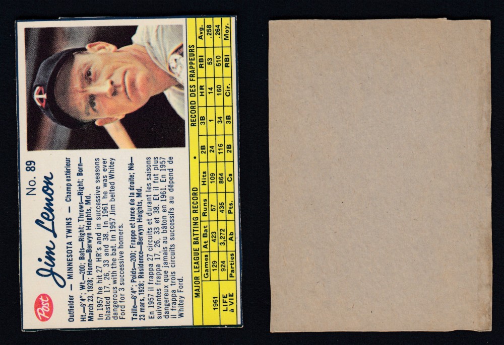 1962 POST CANADIAN BASEBALL CARD #89 J. LEMON photo 1962 POST CANADIAN BASEBALL CARD #89 J. LEMON photo