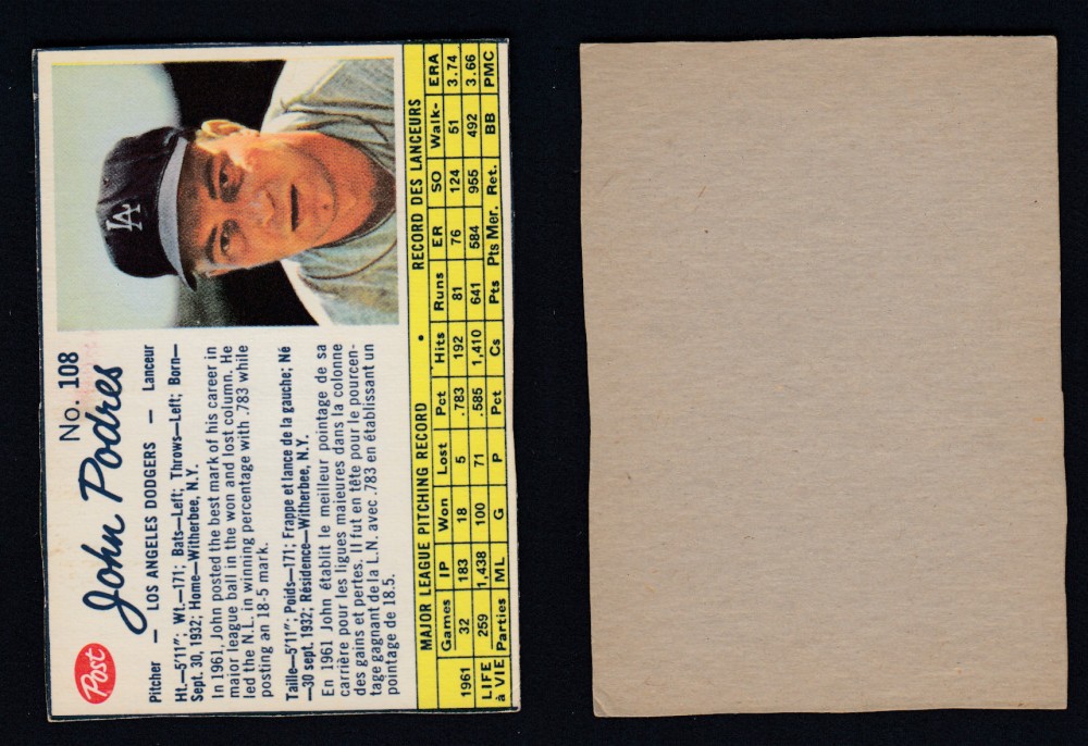 1962 POST CANADIAN BASEBALL CARD #108 J. PODRES photo 1962 POST CANADIAN BASEBALL CARD #108 J. PODRES photo
