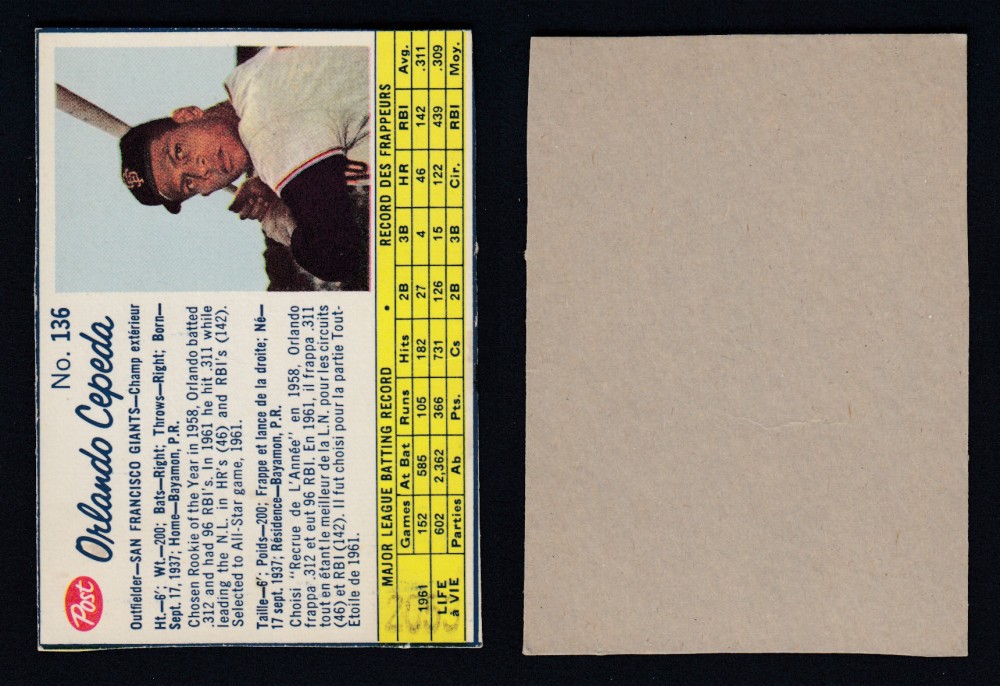 1962 POST CANADIAN BASEBALL CARD #136 O. CEPEDA photo 1962 POST CANADIAN BASEBALL CARD #136 O. CEPEDA photo