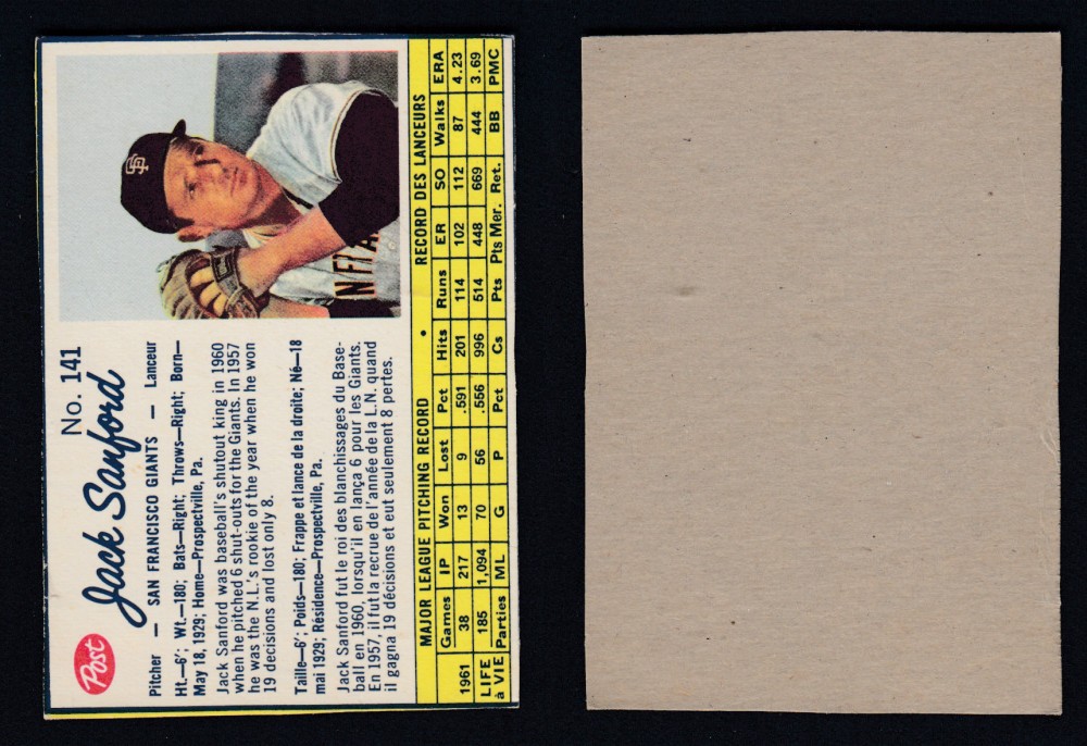 1962 POST CANADIAN BASEBALL CARD #141 J. SANFORD photo 1962 POST CANADIAN BASEBALL CARD #141 J. SANFORD photo