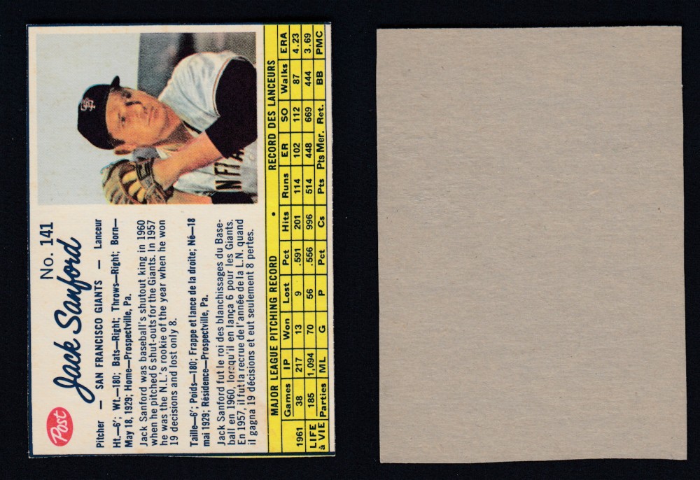 1962 POST CANADIAN BASEBALL CARD #141 J. SANFORD photo 1962 POST CANADIAN BASEBALL CARD #141 J. SANFORD photo