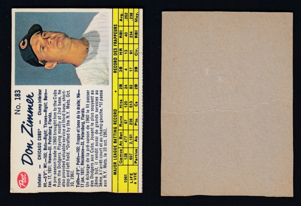 1962 POST CANADIAN BASEBALL CARD #183 D. ZIMMER photo 1962 POST CANADIAN BASEBALL CARD #183 D. ZIMMER photo