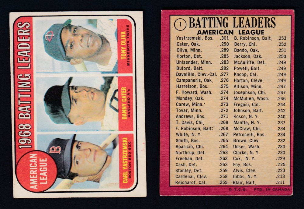 1969 O-PEE-CHEE BASEBALL CARD #1 BATTING LEADERS photo