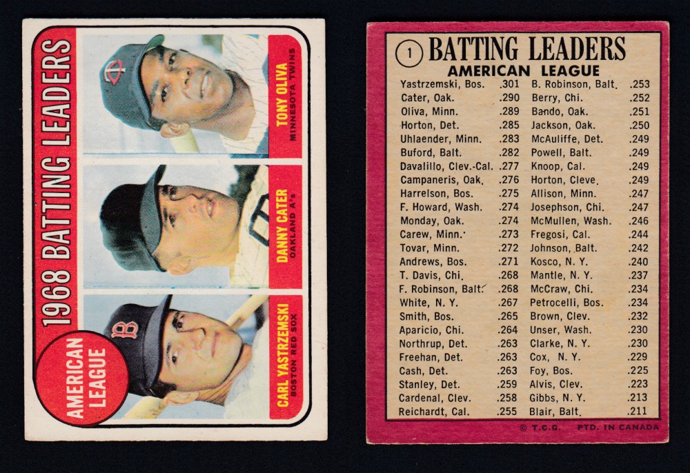 1969 O-PEE-CHEE BASEBALL CARD #1 BATTING LEADERS photo