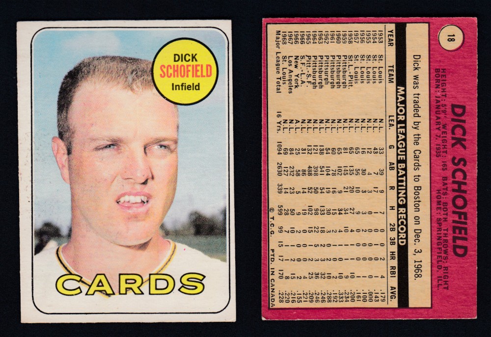 1969 O-PEE-CHEE BASEBALL CARD #18 D. SCHOFIELD photo 1969 O-PEE-CHEE BASEBALL CARD #18 D. SCHOFIELD photo