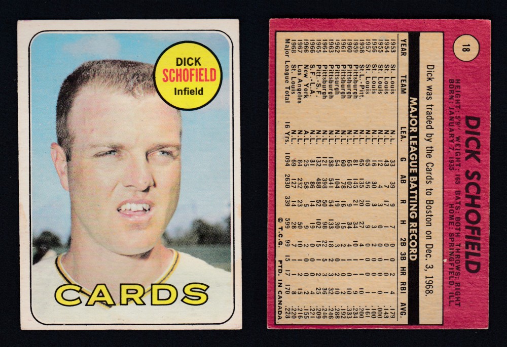 1969 O-PEE-CHEE BASEBALL CARD #18 D. SCHOFIELD photo 1969 O-PEE-CHEE BASEBALL CARD #18 D. SCHOFIELD photo